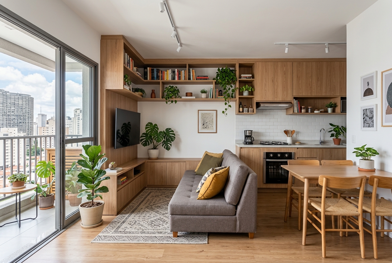 Sala de apartamento pequeno totalmente decorada com móveis planejados modernos