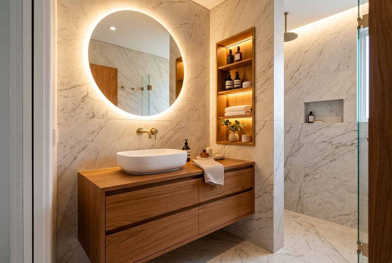 Banheiro pequeno com marcenaria planejada de luxo e revestimento premium em São Paulo