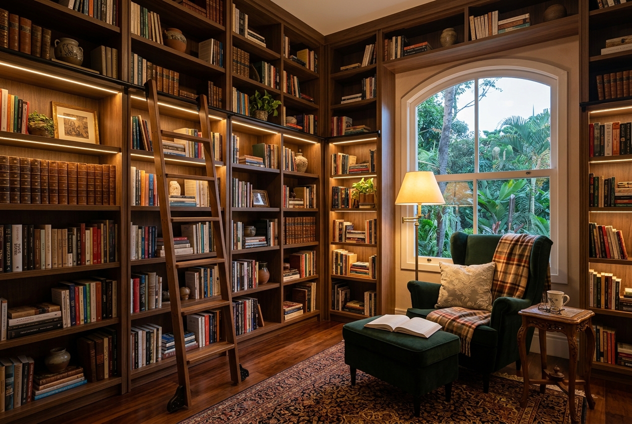 Biblioteca planejada sob medida com estantes elegantes e iluminação aconchegante