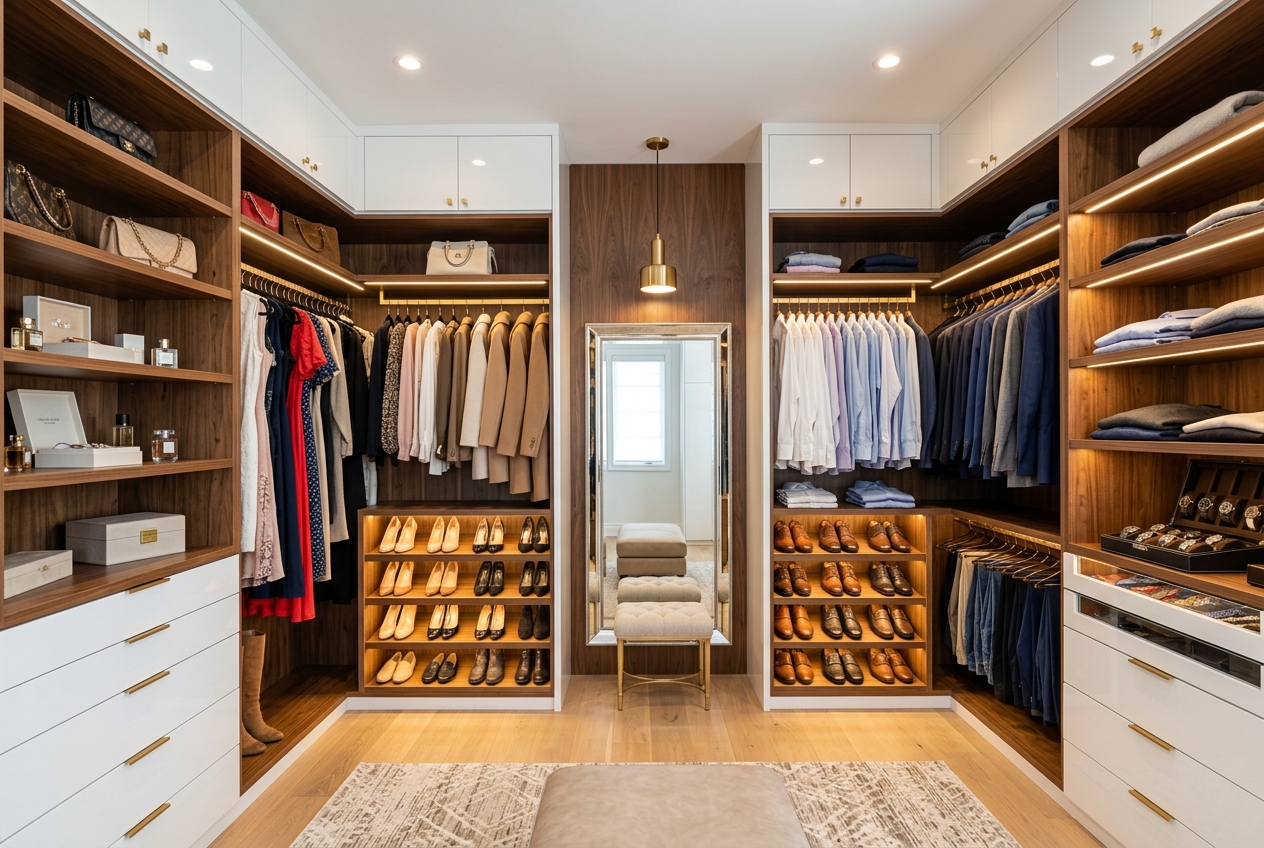 Projeto de closet planejado de luxo para quarto de casal com iluminação premium em São Paulo