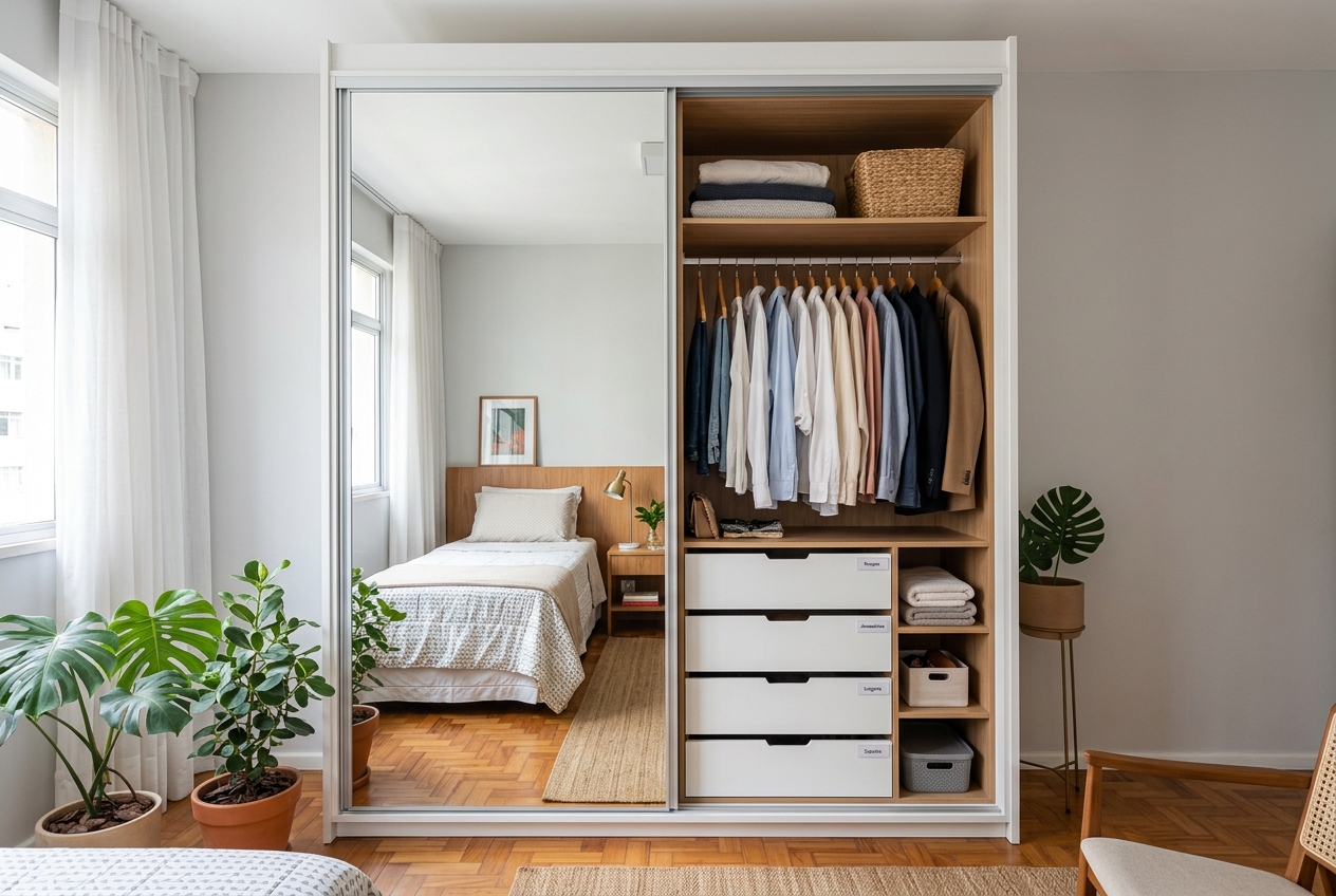 Closet planejado integrado em quarto pequeno com espelhos e iluminação