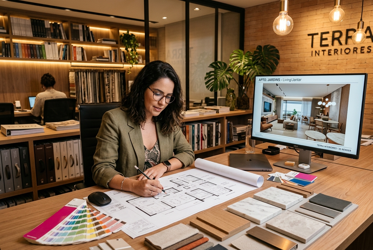 Consultoria de design de interiores com projeto 3D profissional no computador