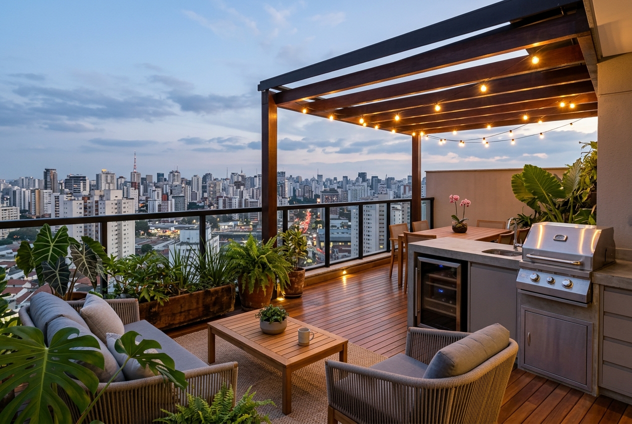 Varanda gourmet com deck de madeira premium e área de lazer ao ar livre em São Paulo