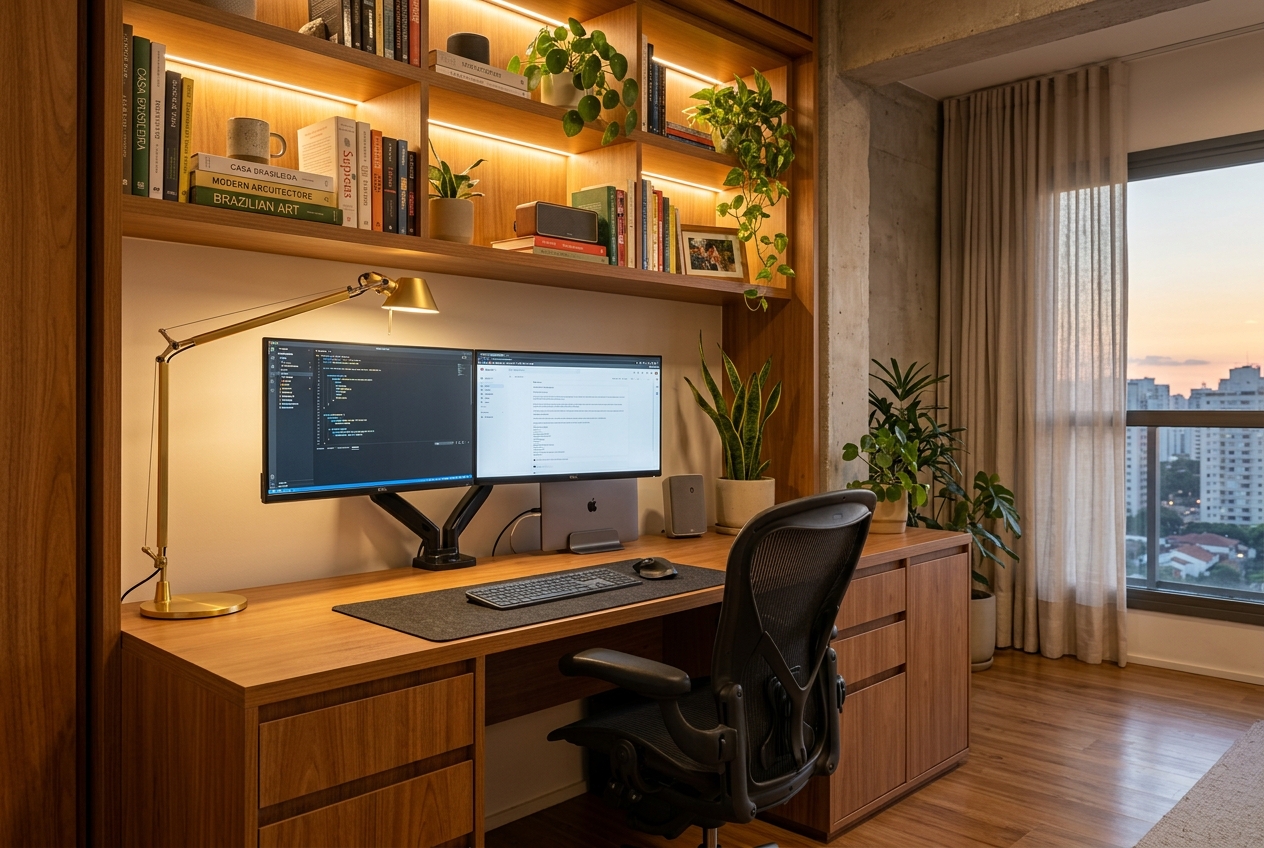 Home office planejado em apartamento compacto com bancada ergonômica e organização premium