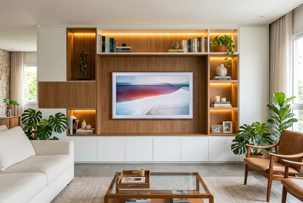 Painel de TV planejado com nichos iluminados em sala pequena de apartamento em São Paulo