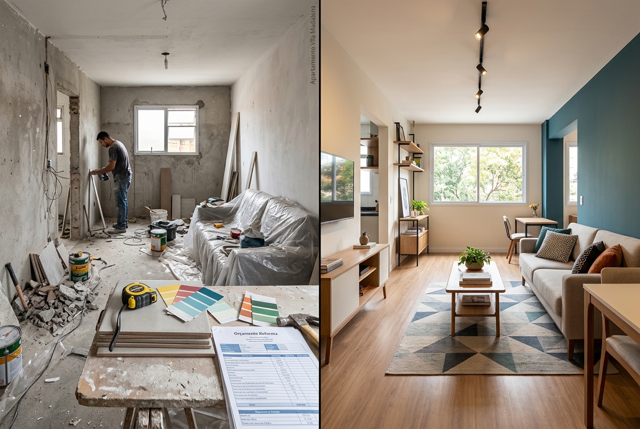 Apartamento pequeno em reforma com marcenaria planejada em São Paulo